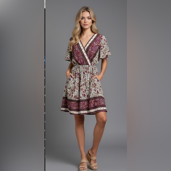 Burgundy Floral Print Butterfly Sleeve Dress - Picture 5 of 11